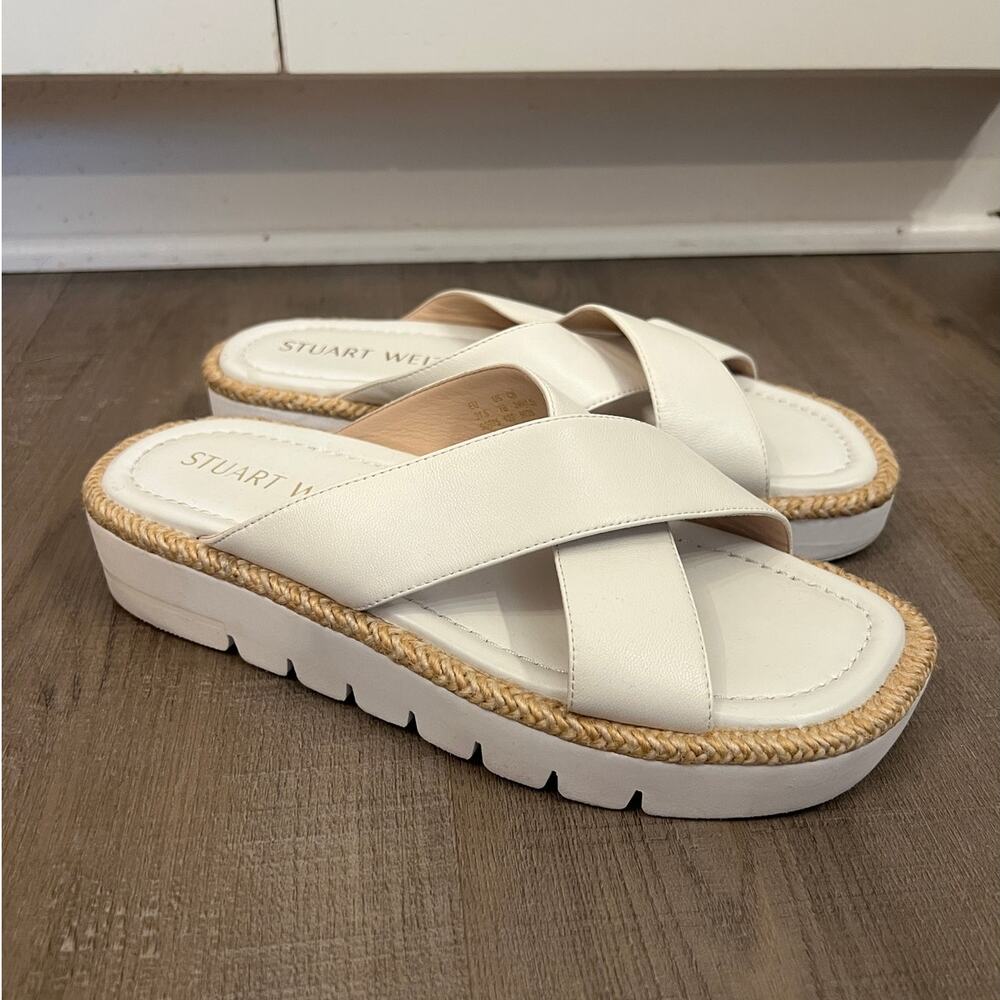 Stuart Weitzman Roza Raffia Trimmed White Leather Platform Slide Sandals